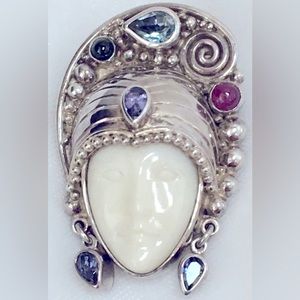 Lovely Signed Sajen Carved Face Jeweled Brooch/Pendant.